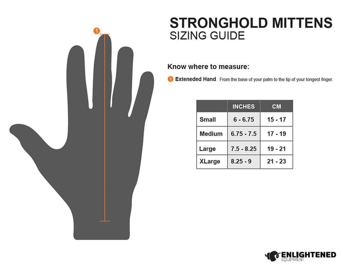 Enlightened Equipment Torrid Mitts sizing guide diagram with hand measurement chart