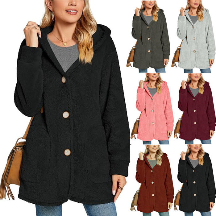 European And American Plush Hooded Button Pocket Cardigan Casual Coat - Livefree