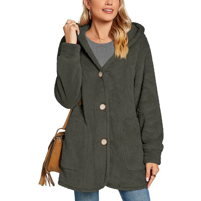 European And American Plush Hooded Button Pocket Cardigan Casual Coat - Livefree