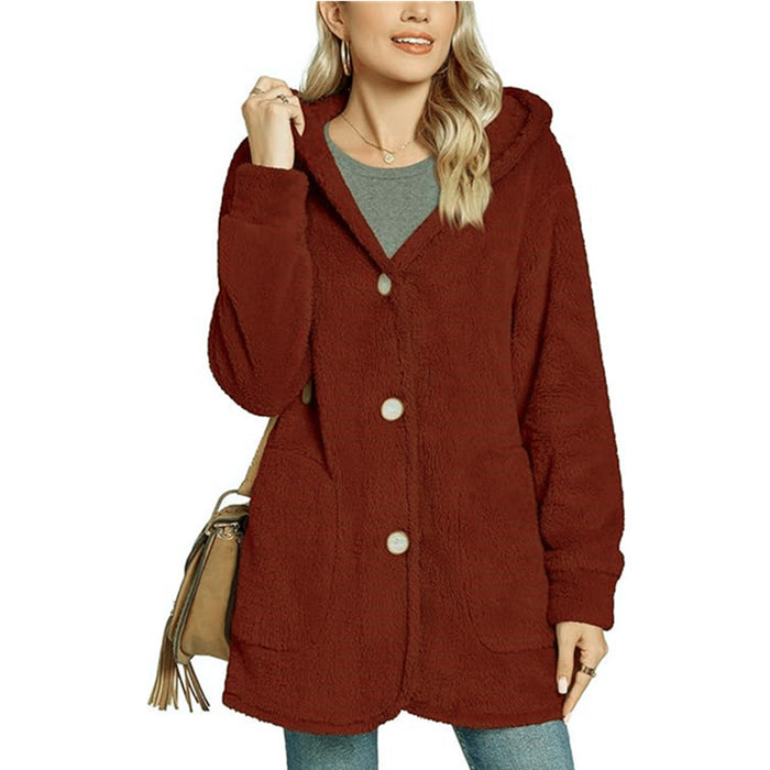 European And American Plush Hooded Button Pocket Cardigan Casual Coat - Livefree