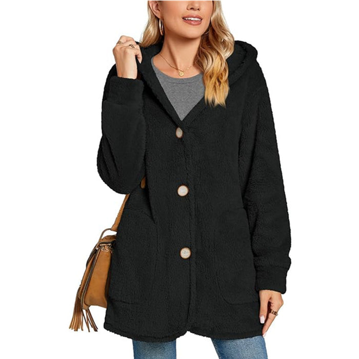 European And American Plush Hooded Button Pocket Cardigan Casual Coat - Livefree