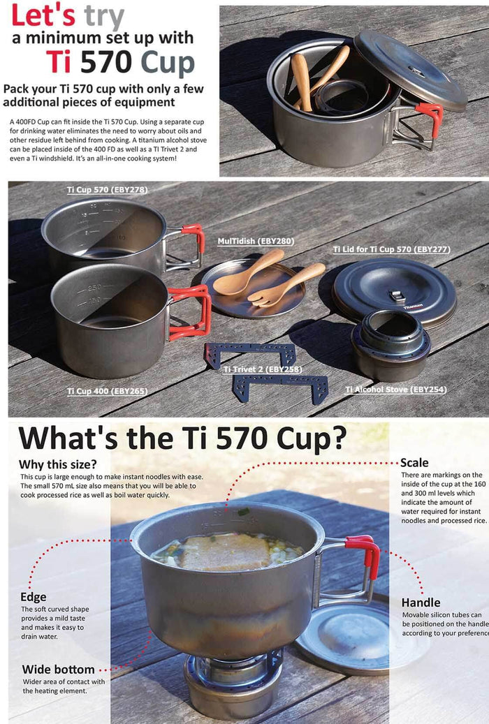 EVERNEW Ti Cup 570 – setup infographic showing the cup with cookware