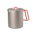 Evernew Ti Maccheroni Pot 750 – tall titanium pot with strainer lid and red folding handle, front studio view