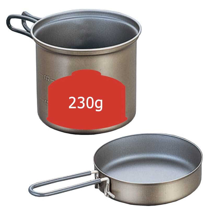 EVERNEW Ti Non-Stick Deep Pot 900ml – pot and pan set, callout showing a 230g gas canister fits inside