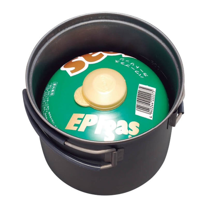 EVERNEW Ti Non-Stick Deep Pot 900ml – pot nesting a gas canister, top view