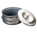 EVERNEW Ti Non-Stick Pot 600 – titanium pot with lid alongside, angled studio view