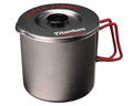 EVERNEW Ti Pasta Pot 1000ml – tall titanium pot with red folding handle and strainer lid, front studio view