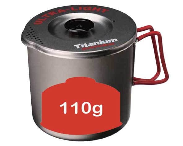 EVERNEW Ti Pasta Pot 1000ml – front studio view, callout showing a 110g gas canister fits inside