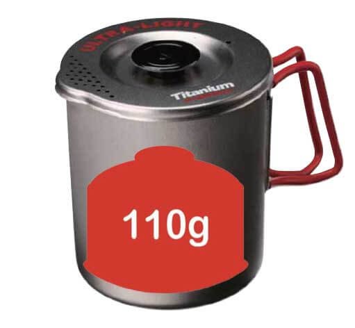 EVERNEW Ti Pasta Pot 750ml – front studio view, callout showing a 110g gas canister fits inside