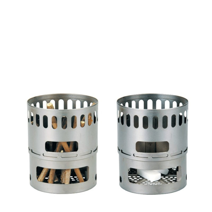 EVERNEW Ti Pot 500 with Ti Stove – titanium windscreen cylinders, studio view