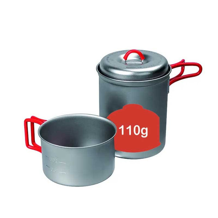 EVERNEW Ti UL Solo set 750ml + 400ml – nesting set, callout showing a 110g gas canister fits inside