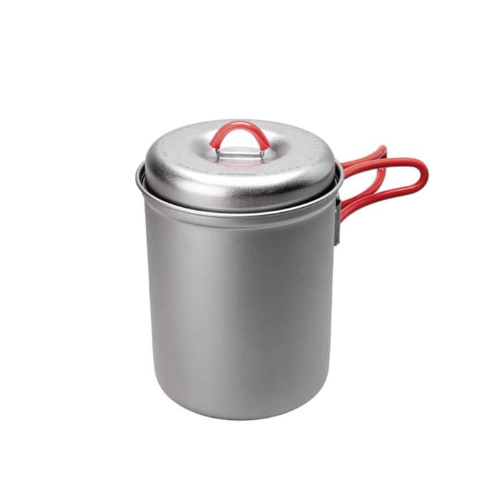 EVERNEW Ti Ultralight Deep Pot 640ml – titanium deep pot with lid and red folding handle, angled studio view