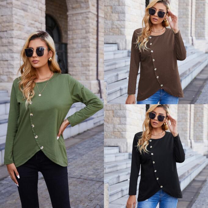 Fashion New Button Long Sleeve Casual Round Neck T-Shirt Casual Women's Top - Livefree