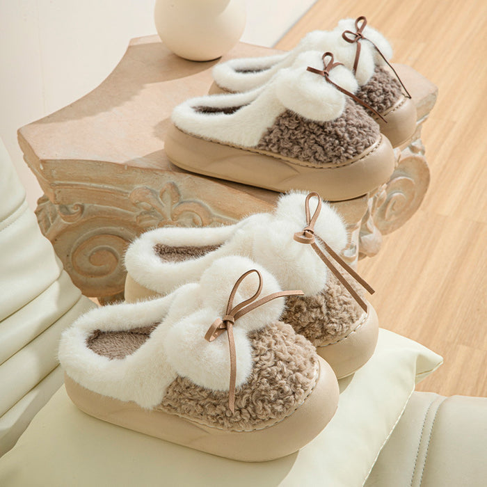 Female Non-slip Plus Velvet Platform Bow Cotton Slippers - Livefree