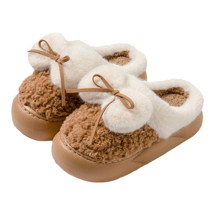 Female Non-slip Plus Velvet Platform Bow Cotton Slippers - Livefree