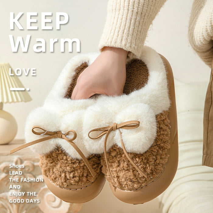 Female Non-slip Plus Velvet Platform Bow Cotton Slippers - Livefree