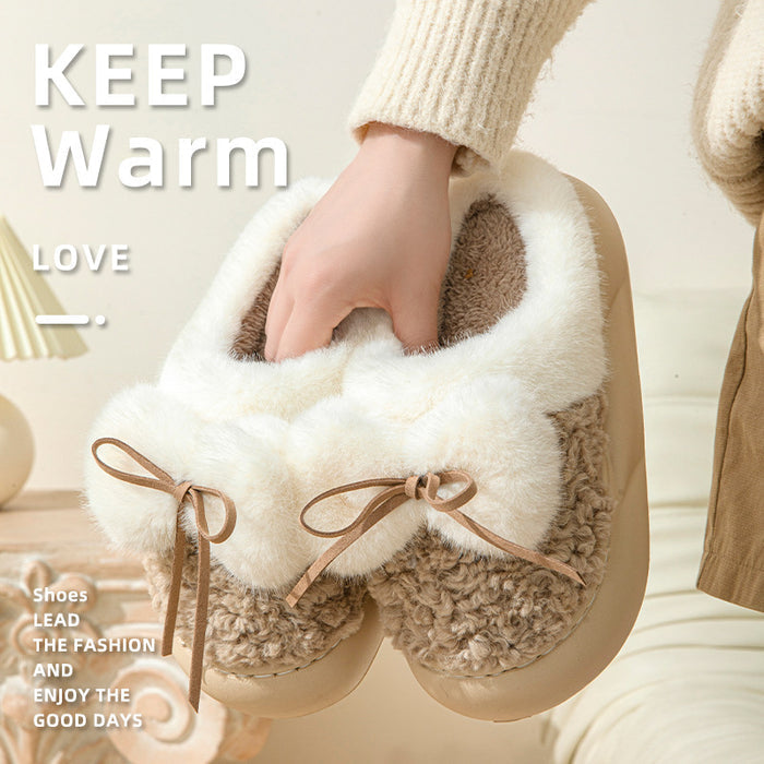 Female Non-slip Plus Velvet Platform Bow Cotton Slippers - Livefree
