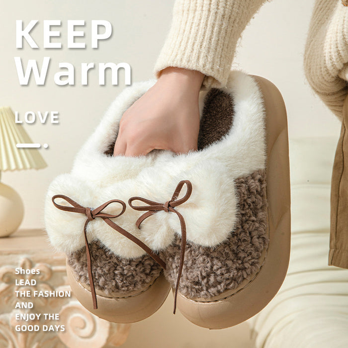 Female Non-slip Plus Velvet Platform Bow Cotton Slippers - Livefree