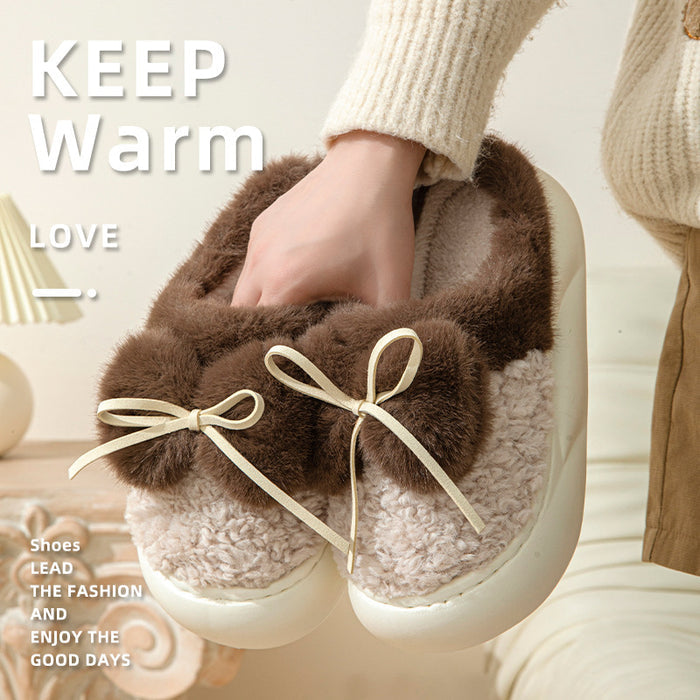 Female Non-slip Plus Velvet Platform Bow Cotton Slippers - Livefree