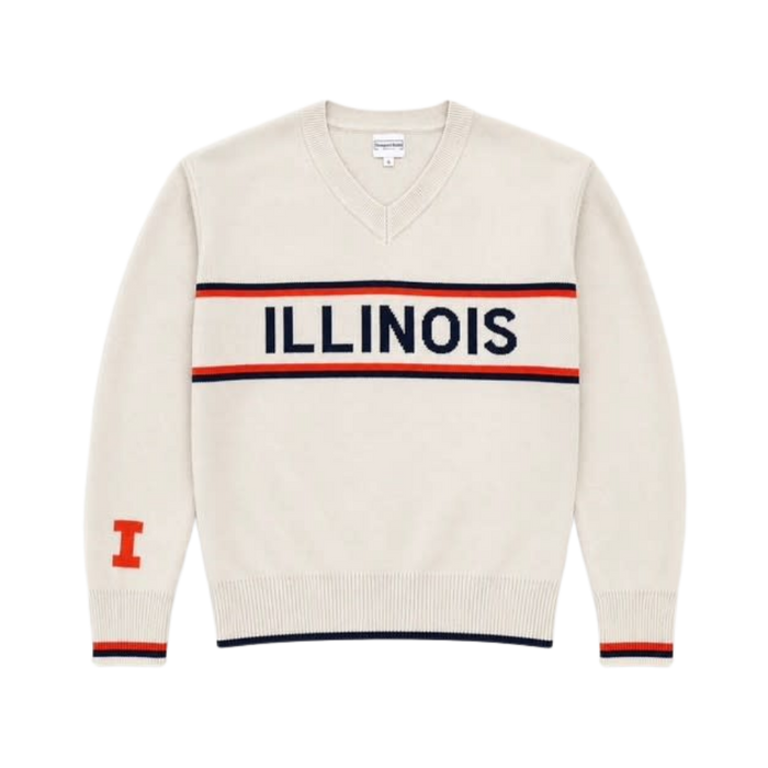 Fighting Illini Women's V-Neck Striped Grey Wordmark Sweater
