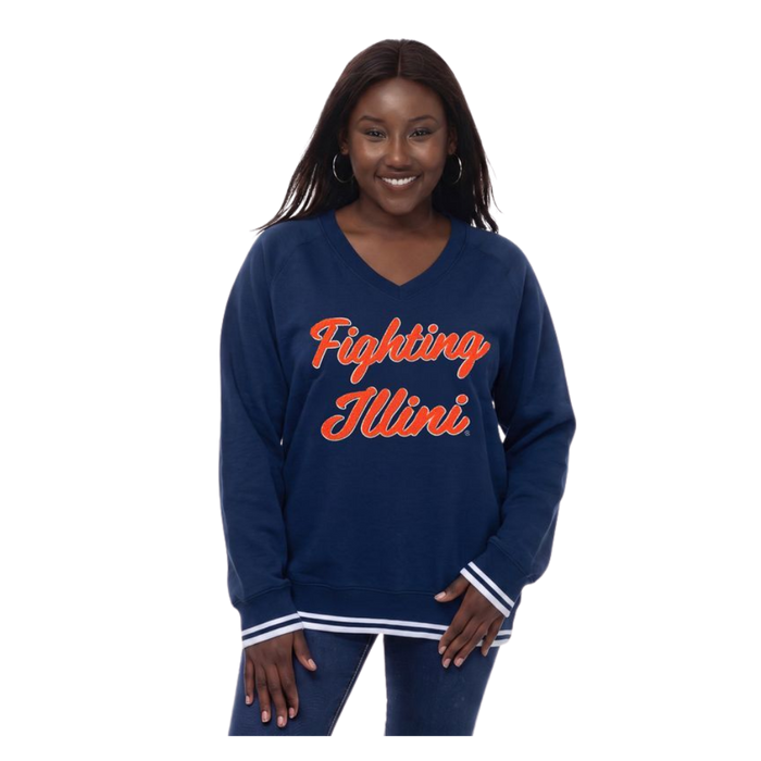 Fighting Illini Women's Zoozatz Navy Chenille V-Neck Sweatshirt