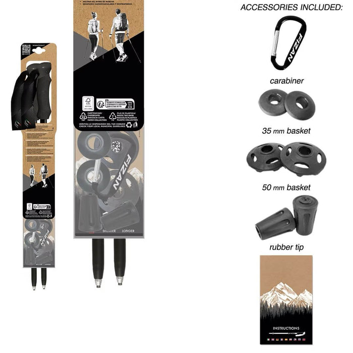 FIZAN Compact 4 Trekking Poles – accessories included: carabiner, baskets, rubber tips, instruction manual