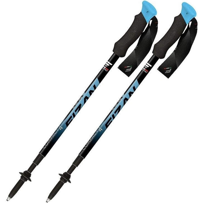 FIZAN Compact 4 Trekking Poles – pair of poles in blue with cork grip, angled studio view