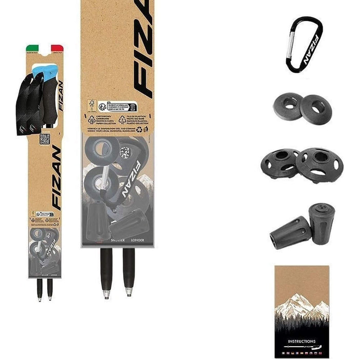 FIZAN Compact 4 Trekking Poles – accessories included: carabiner, baskets, rubber tips, instruction manual, blue colorway