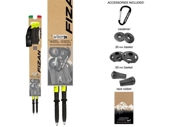 FIZAN Compact Pro Trekking Poles – retail pack with included accessories (carabiner, baskets, tips)