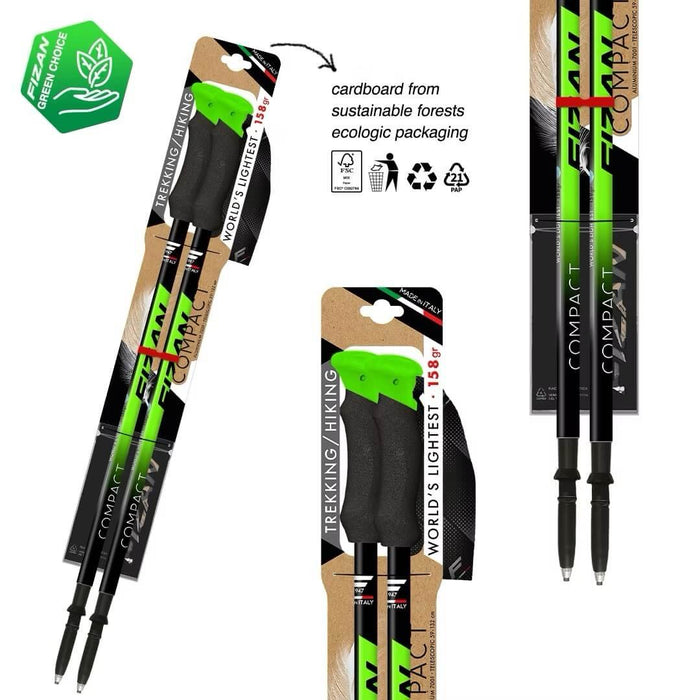 FIZAN Compact Trekking Poles – green poles folded in retail blister packaging