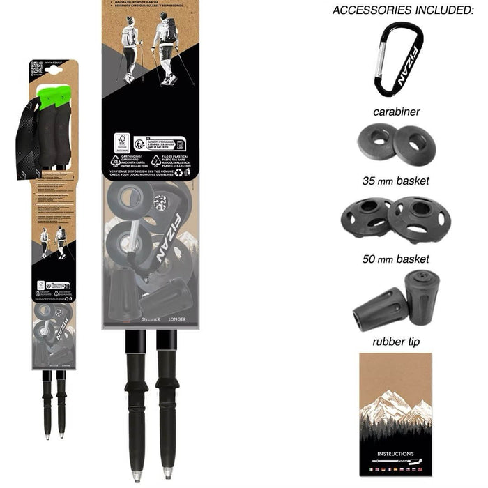 FIZAN Compact Trekking Poles – accessories included: carabiner, baskets, rubber tips, instruction manual
