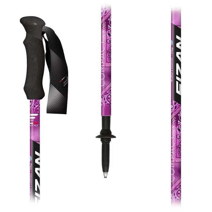 FIZAN Compact Trekking Poles – purple bandana print grip and strap detail, studio view
