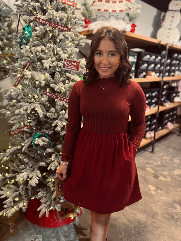 Frilled Ribbed Red Dress