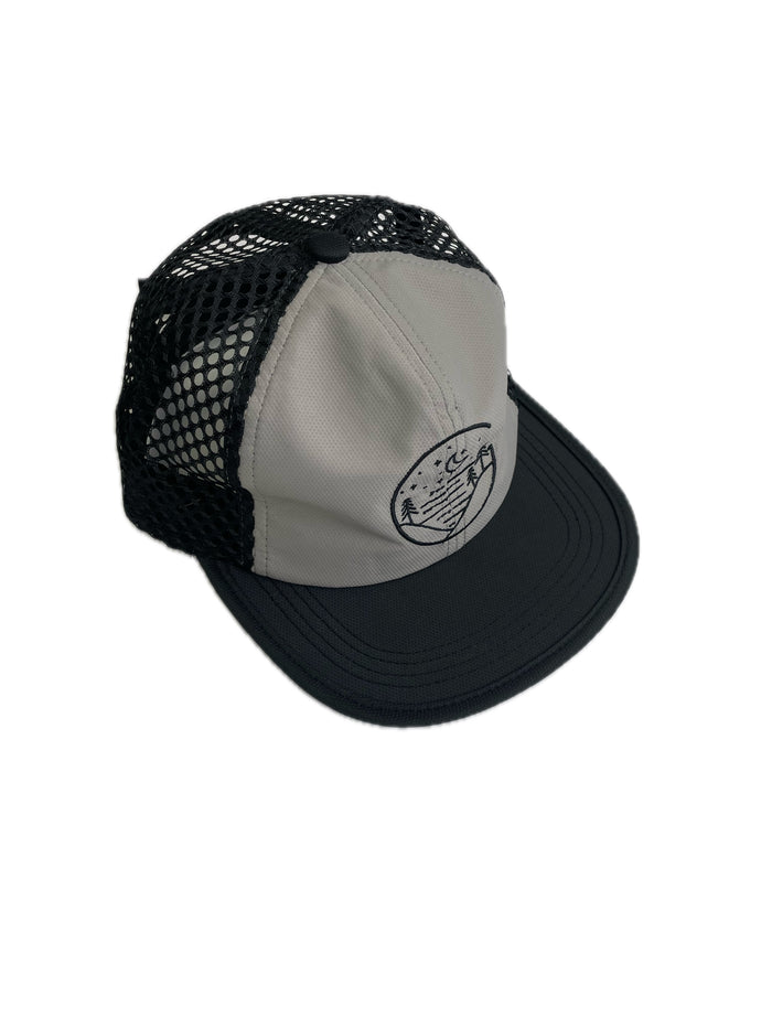 Glacial Gear Foldable Trail Hat in gray with black mesh – angled view