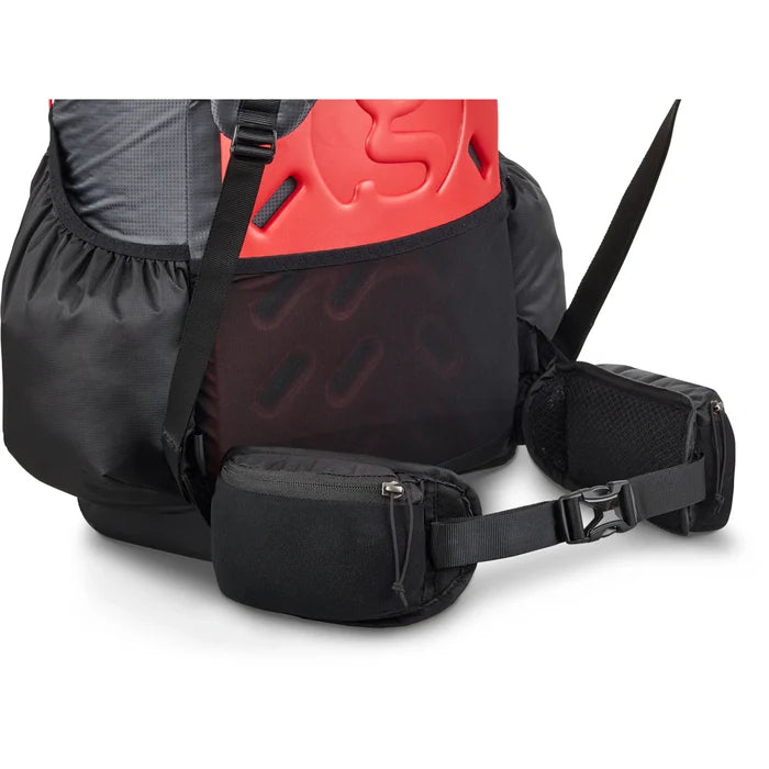 Gossamer Gear Fast Belt V2 attached to a backpack's hip belt, close-up of pocket and buckle
