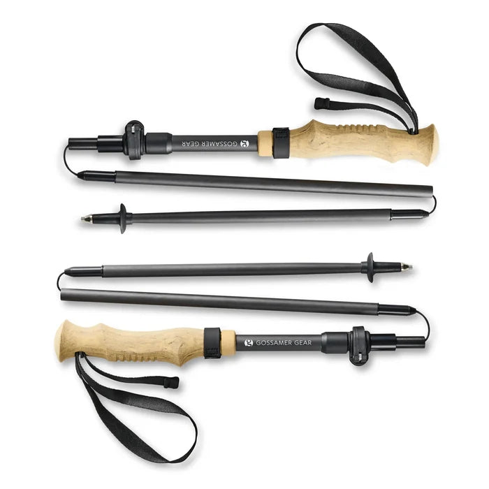 Gossamer Gear FT3 folding trekking poles, both poles folded into sections – flat lay