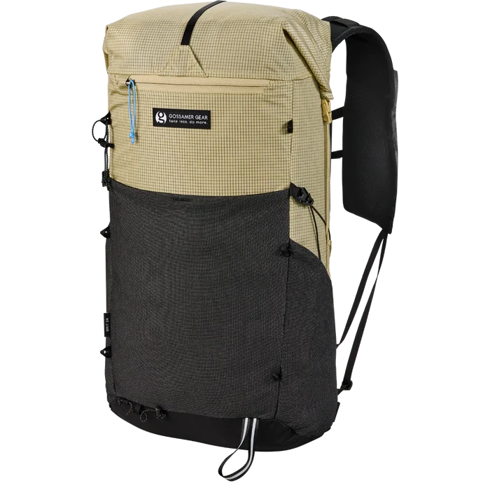 Gossamer Gear Grit 28L Fastpack in tan/badlands colorway, angled front studio view