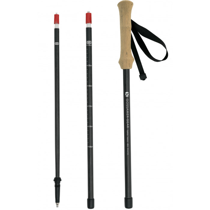 Gossamer Gear LT5 replacement sections – lower shaft, middle shaft with height markings, and cork grip section side by side