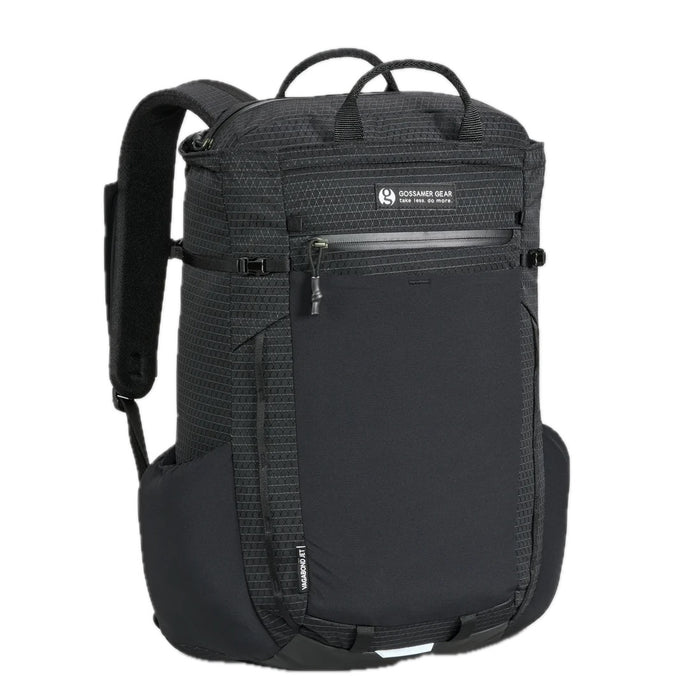 Gossamer Gear Vagabond Jet V2 in black, front-on studio view with logo and side pockets
