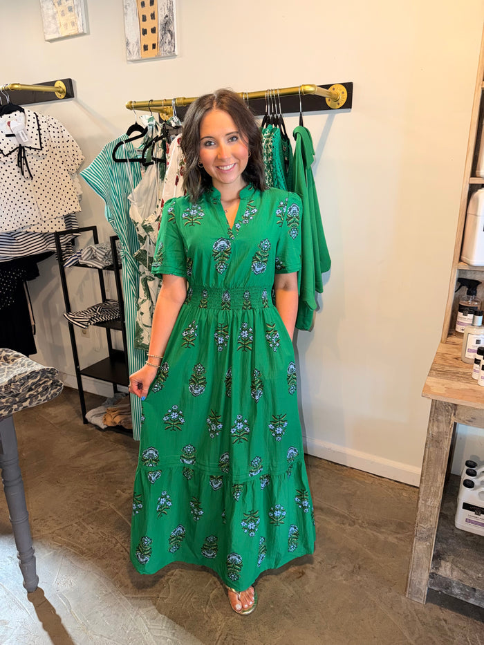 Green Floral Waist Ruffle Maxi Dress