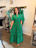 Green Floral Waist Ruffle Maxi Dress