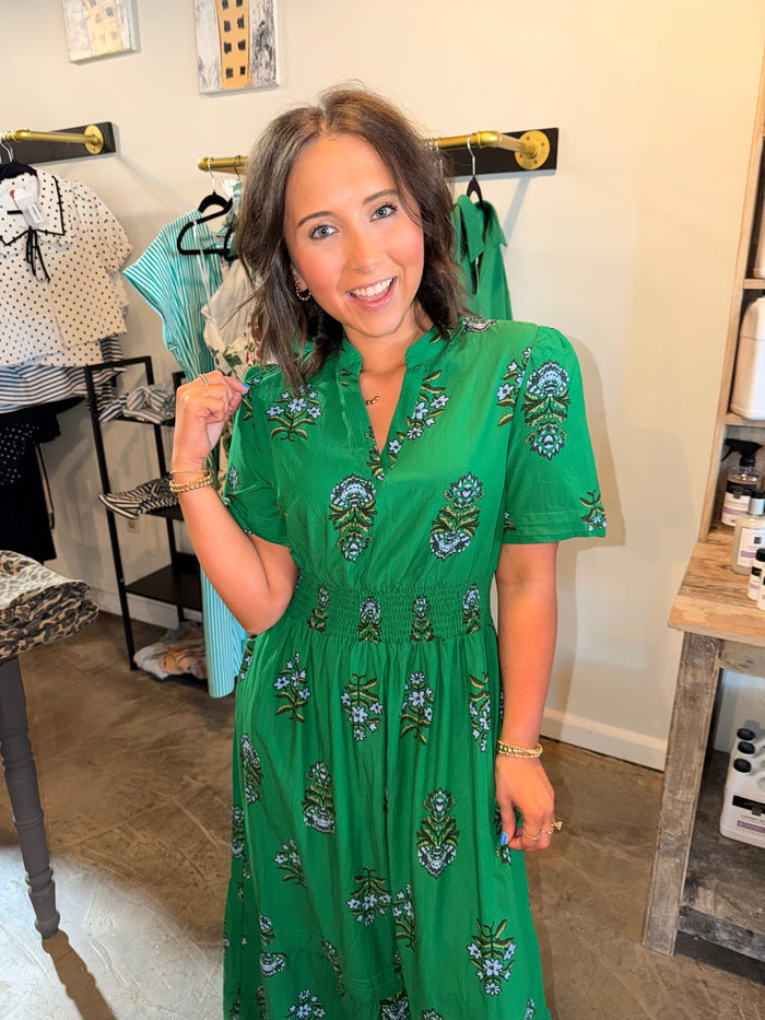 Green Floral Waist Ruffle Maxi Dress