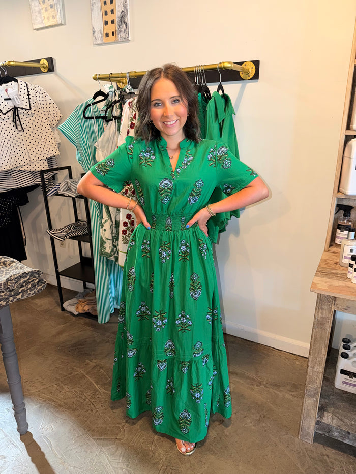 Green Floral Waist Ruffle Maxi Dress