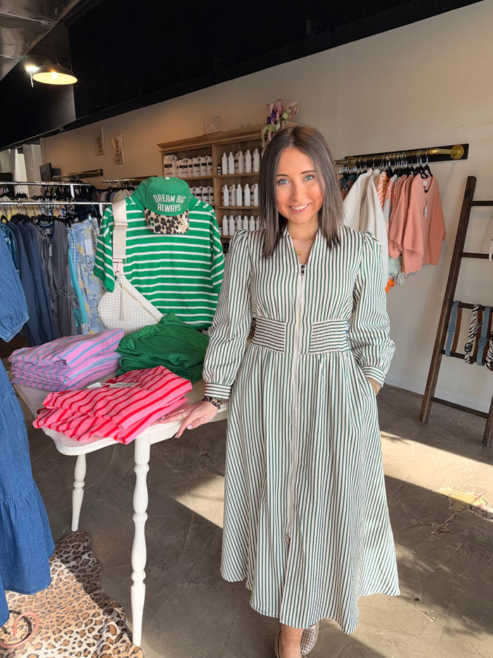 Green Stripe Cinched Midi