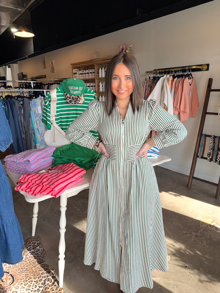 Green Stripe Cinched Midi