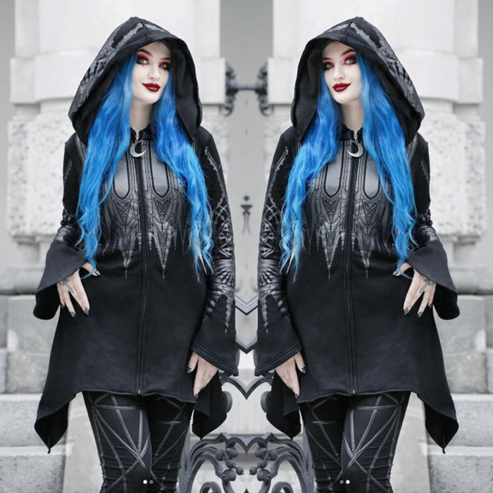 Halloween Cosplay Hoodie Women's Punk Black Long Hooded Printed Sweater