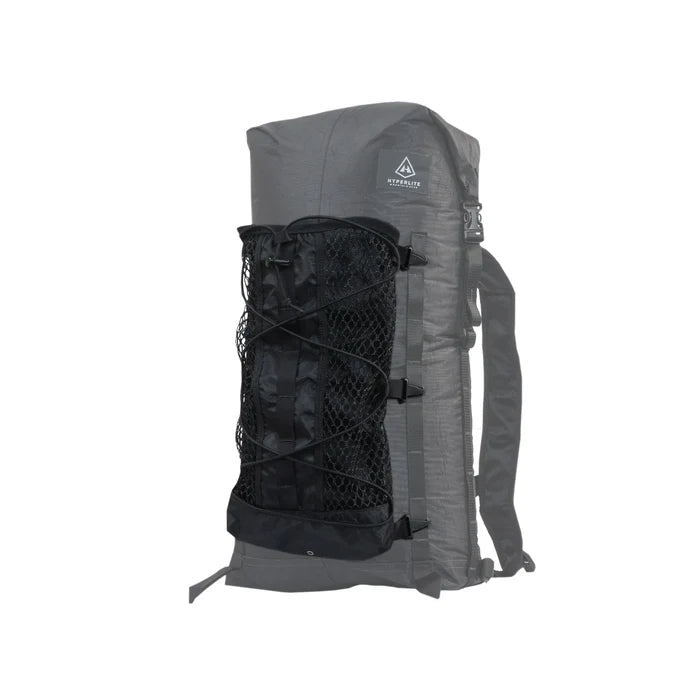 HMG Porter Stuff Pocket in black mesh attached to the side of a gray pack