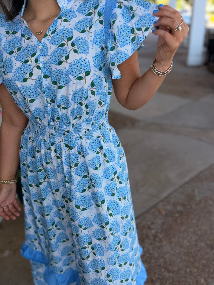 Hydrangea Ruffle Flutter Maxi Dress