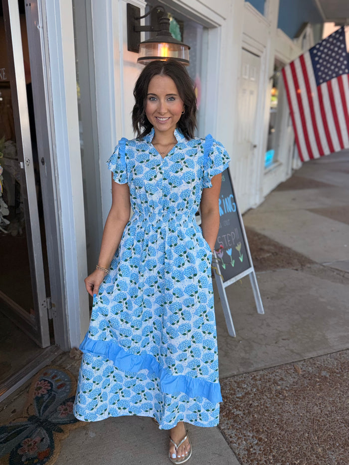 Hydrangea Ruffle Flutter Maxi Dress