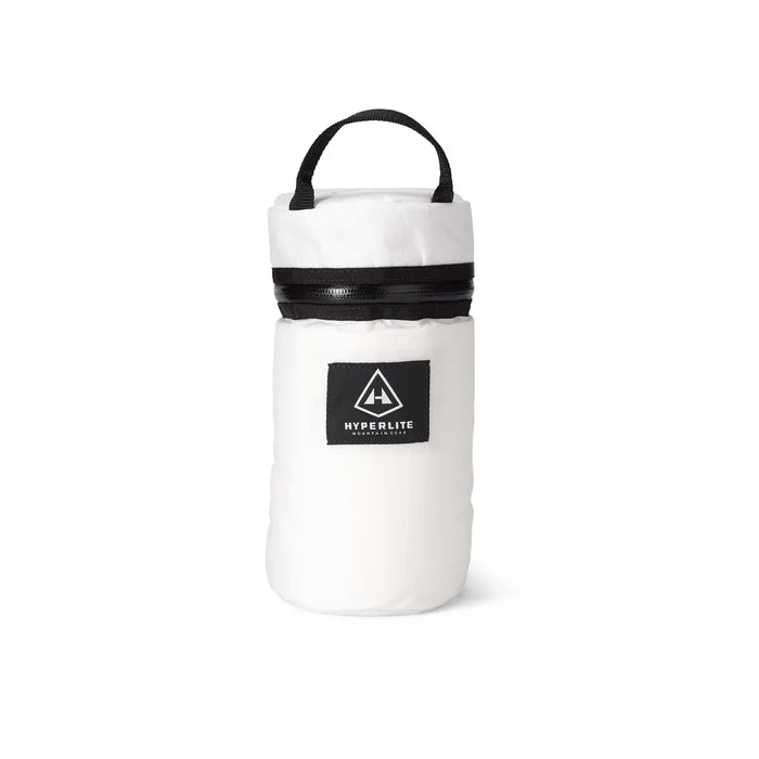 Hyperlite Mountain Gear Insulator bottle koozie in white with carry handle – studio view